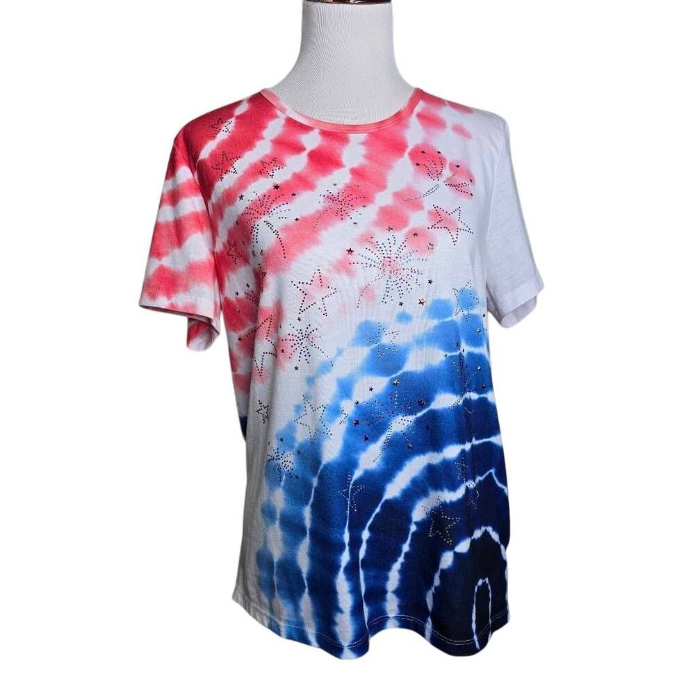 Gloria Vanderbilt Patriotic Tie Dye T Shirt Rhinestone Fireworks Stars L